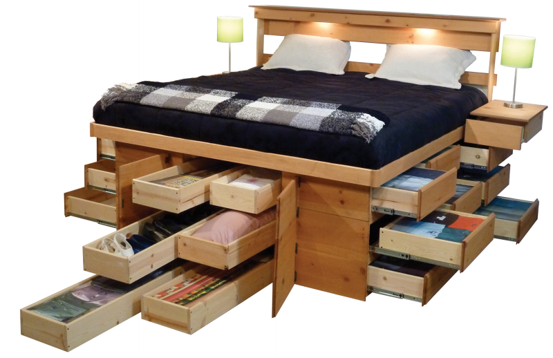 Solid wood Ultimate Bed with side drawers and long end drawers pulled open